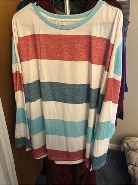 Striped Long-Sleeve Womens Top in White, Red & Teal